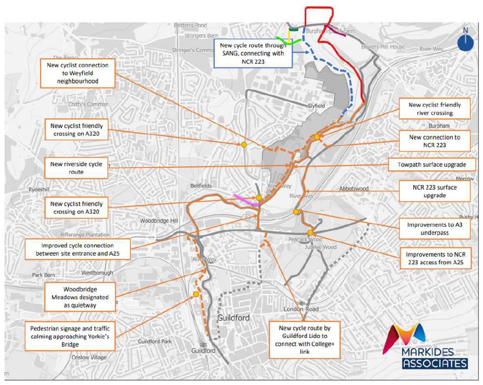 Developer's map of cycle improvements for the scheme, and GBUG's ideas for improved routes (pink, light green, yellow, dark green, red, dark pink)