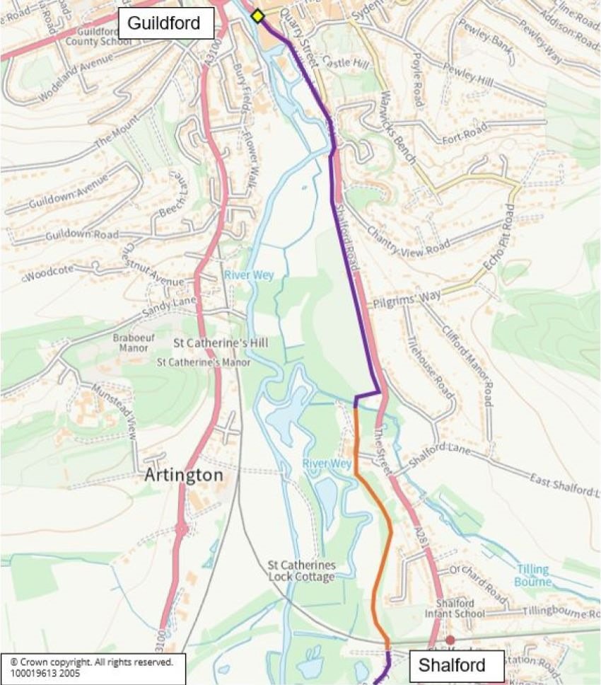 Map showing route of Guildford to Godalming Greenway from Guildford to Shalford