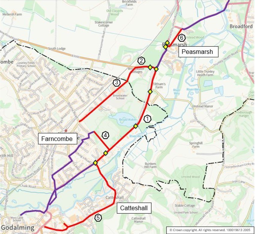 Map showing route of Guildford to Godalming Greenway from Shalford to Godalming