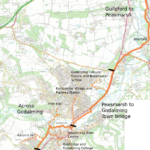 Map showing route between Guildford and Godalming