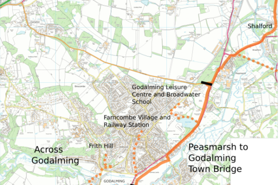 Map showing route between Guildford and Godalming