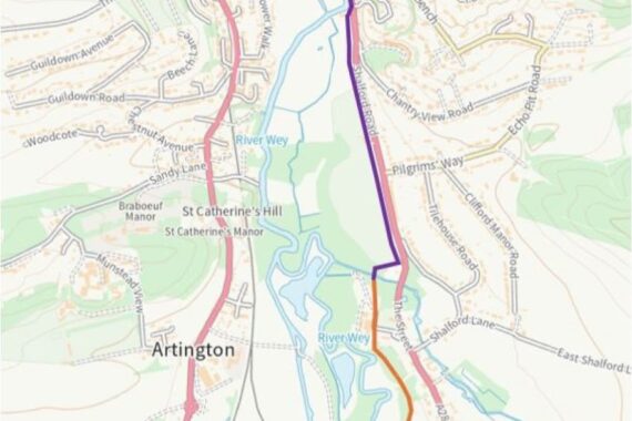 Map showing route of Guildford to Godalming Greenway from Guildford to Shalford